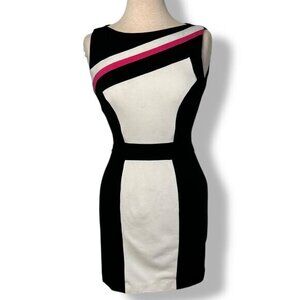 Cache Womens Sheath Dress Black Pink White Colorblock Knee Lngth Sleeveless Sz 0